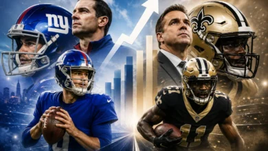 New York Giants head coach John Harbaugh and New Orleans Saints quarterback Tyler Shough during 2026 offseason workouts, highlighting rebuild efforts for both franchises