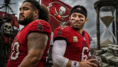 Baker Mayfield and Vita Vea on the field during Buccaneers offseason work, reflecting ongoing contract extension discussions in July 2026