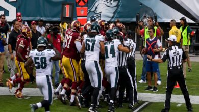 Jason Peters moves in on Chris Baker during a fourth-quarter scuffle after an illegal hit on Eagles quarterback Nick Foles in the September 21, 2014 game.