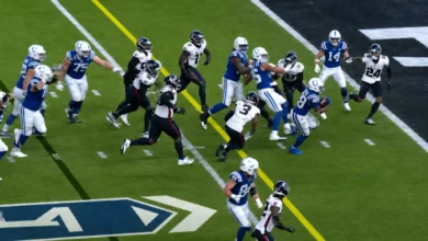 Still image from NFL countdown video showing run No. 90 during a 2025 Colts versus Falcons game on the field