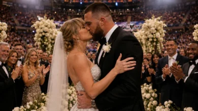 Taylor Swift in custom Dior gown walking down the aisle with Travis Kelce at their star-studded July 3 2026 wedding inside Madison Square Garden