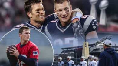 Tom Brady speaking on a podcast set, gesturing while discussing former Patriots tight end Rob Gronkowski