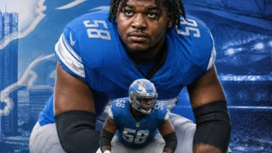 Detroit Lions offensive tackle Penei Sewell in his stance during a game at Ford Field