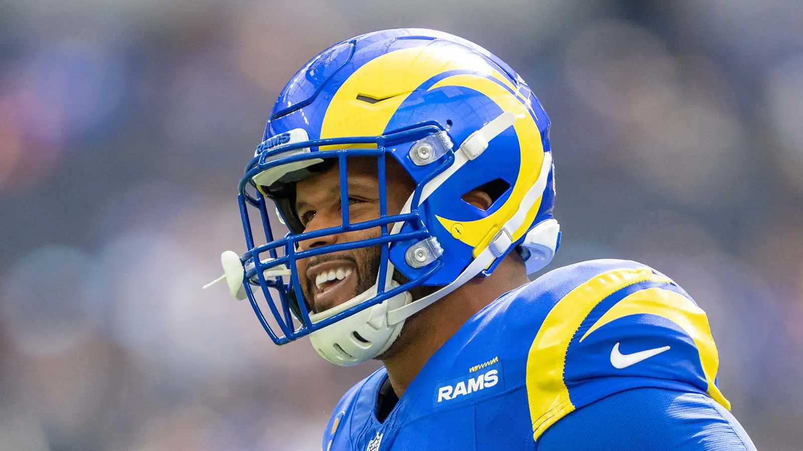October 15, 2023; Inglewood, California, USA; Los Angeles Rams defensive tackle Aaron Donald (99) before the game against the Arizona Cardinals at SoFi Stadium.…