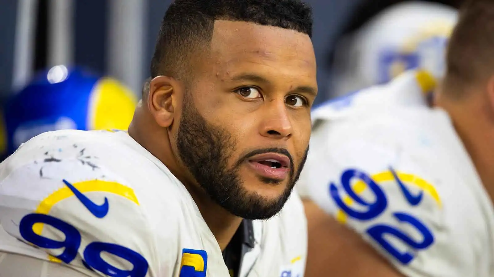 Nov 26, 2023; Glendale, Arizona, USA; Los Angeles Rams defensive tackle Aaron Donald (99) against the Arizona Cardinals at State Farm Stadium. Mandatory Credit:…