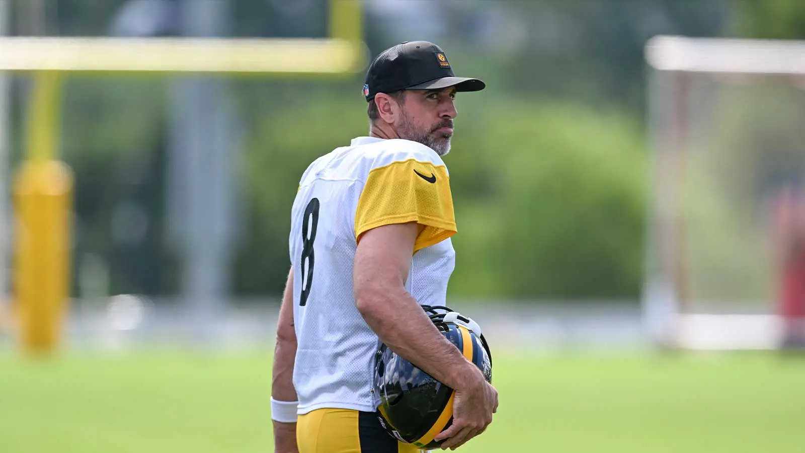 Aug 03, 2026; Latrobe, PA, USA; Pittsburgh Steelers quarterback Aaron Rodgers (8) takes the field for a practice session at Training camp at Saint Vincent Colle…