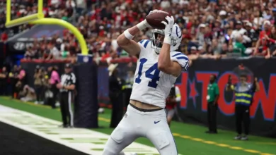Indianapolis Colts wide receiver Alec Pierce (14) catches a touchdown pass against the Houston Texans during the first half at NRG Stadium. Mandatory Credit: Th…