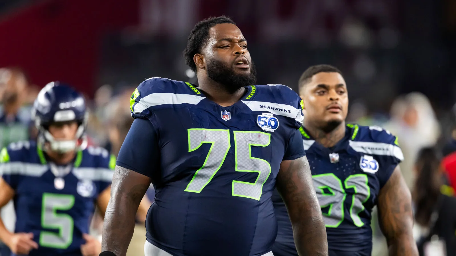 Seattle Seahawks guard Anthony Bradford (75) against the Arizona Cardinals at State Farm Stadium. Mandatory Credit: Mark J. Rebilas-Imagn Images