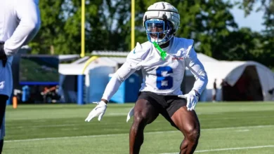 Detroit Lions cornerback Terrion Arnold (6) practices during training camp at Meijer Performance Center in Allen Park on Tuesday, July 22, 2025. Junfu Han / USA…