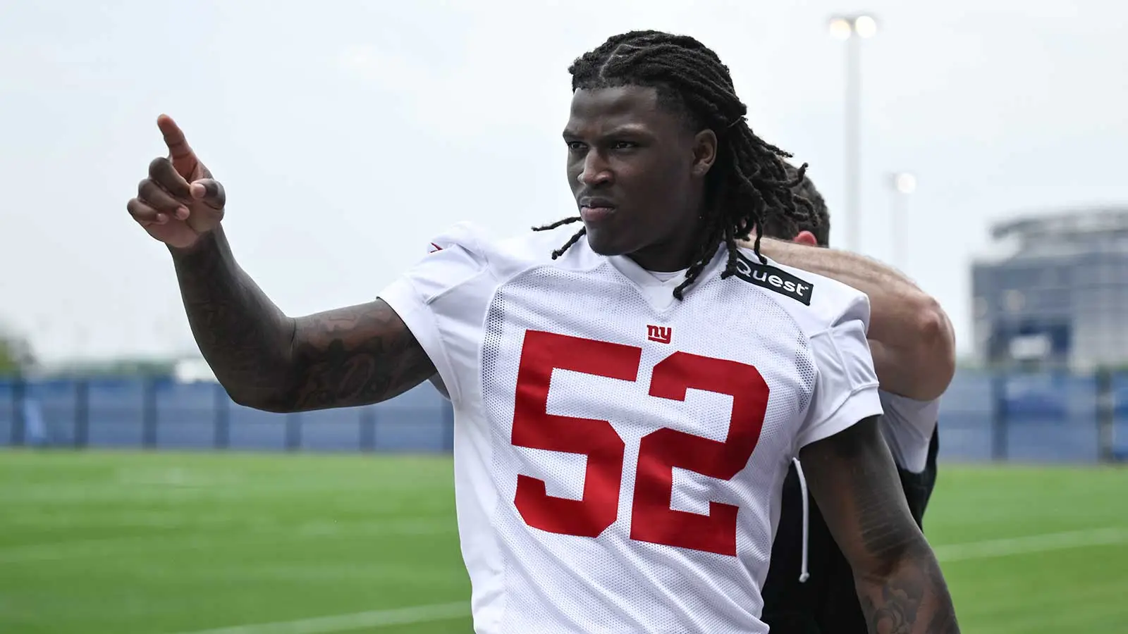May 9, 2026; East Rutherford, NJ, USA; New York Giants linebacker Arvell Reese (52) looks on after a press conference at rookie minicamp at Quest Diagnostics Tr…
