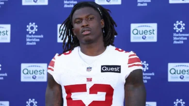 Jun 9, 2026; East Rutherford, NJ, USA; New York Giants linebacker Arvell Reese (52) answers questions from the press after the minicamp activities at Quest Diag…
