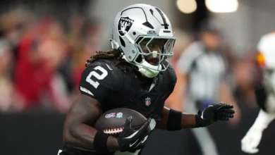 Jan 4, 2026; Paradise, Nevada, USA; Las Vegas Raiders running back Ashton Jeanty (2) carries the ball against the Kansas City Chiefs in the first half at Allegi…