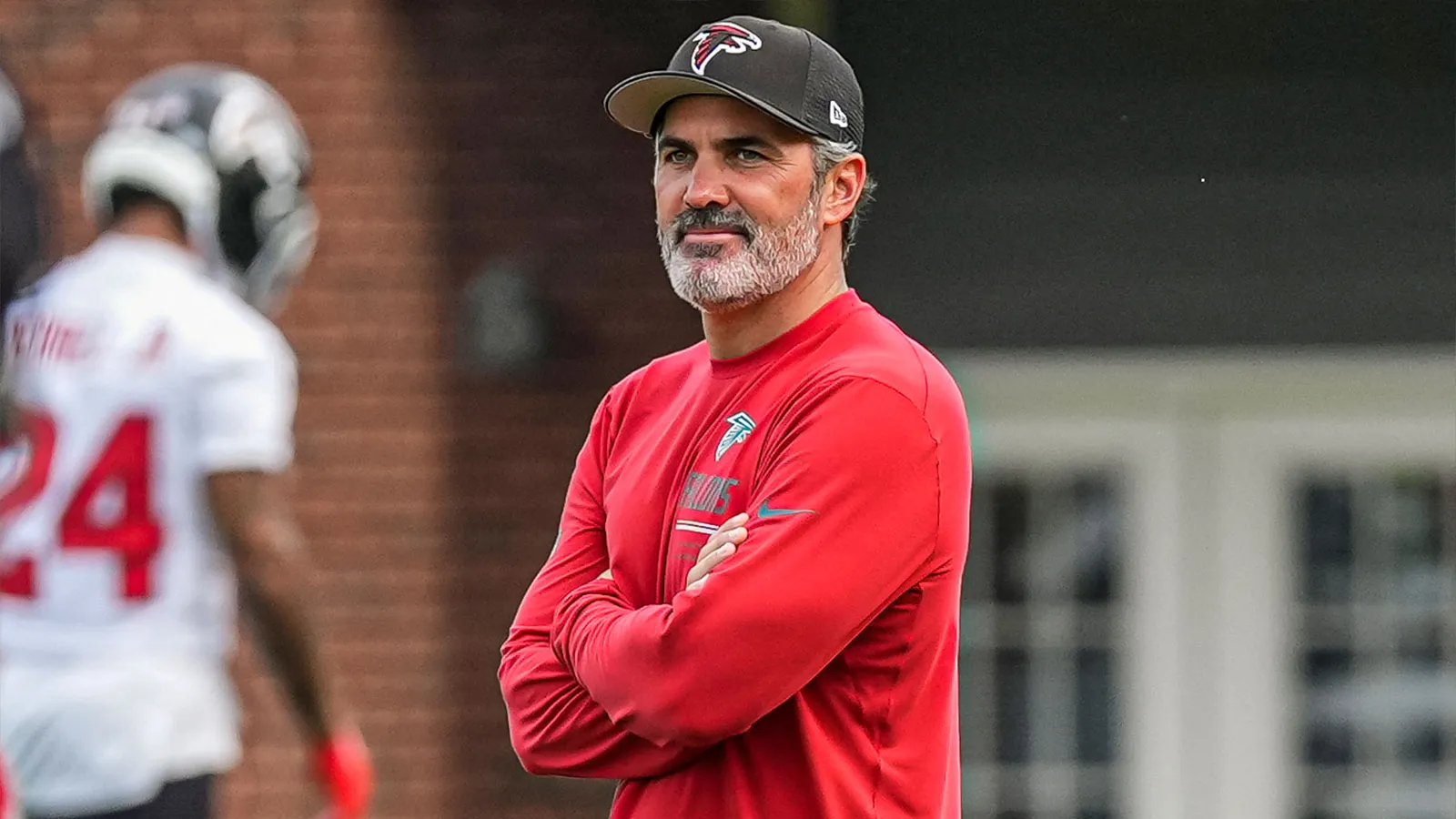 Jul 29, 2026; Atlanta, Falcons, USA; Atlanta Falcons head coach Kevin Stefanski on the field during the first day of training camp at IBM Performance Field. Man…