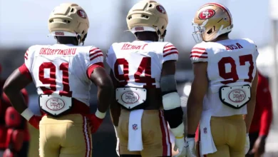 Aug 3, 2026; San Francisco, CA, USA; San Francisco 49ers defensive tackle Sam Okuayinonu (91) and defensive end Romello Height (94) and defensive end Nick Bosa…