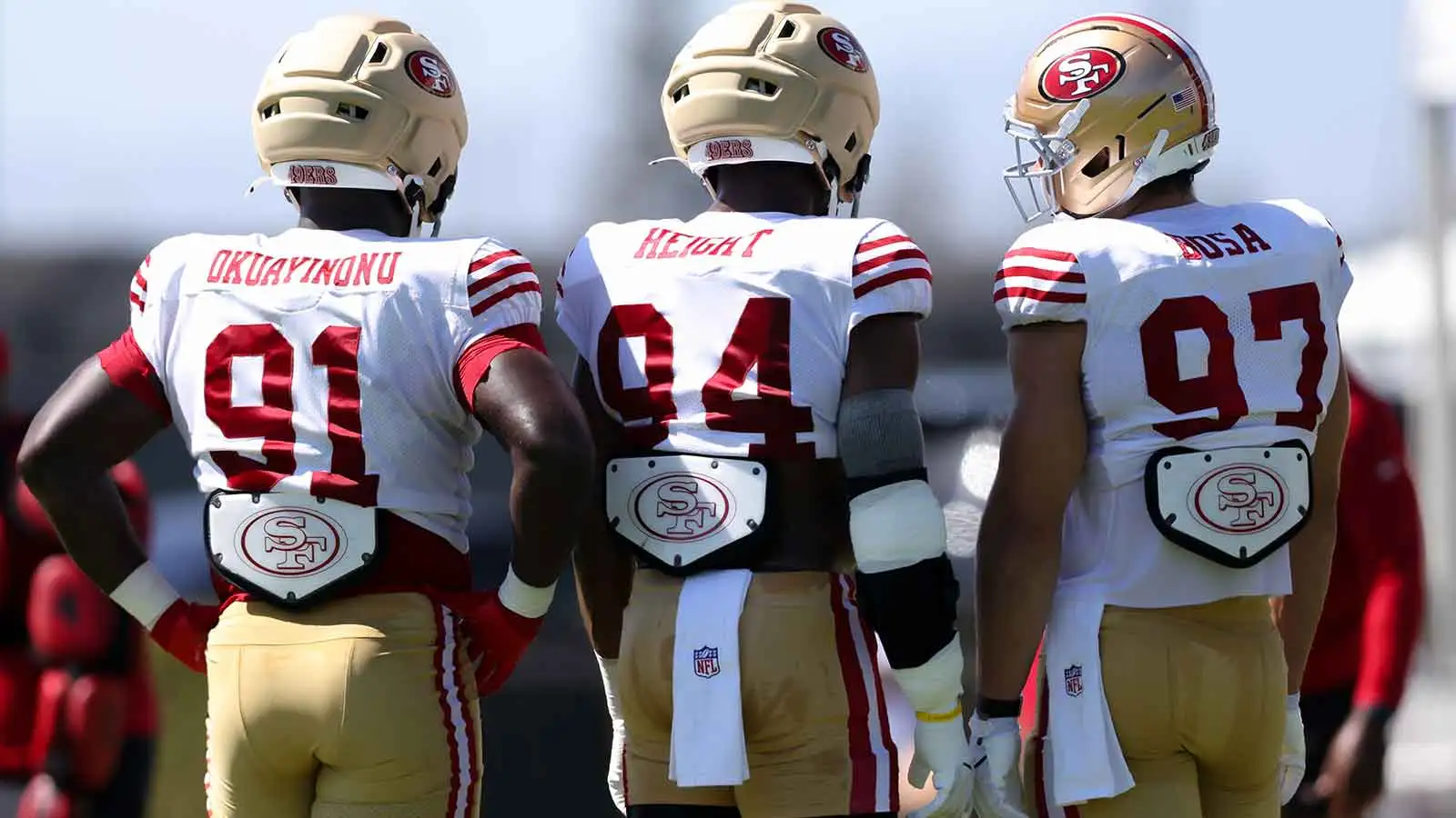 Aug 3, 2026; San Francisco, CA, USA; San Francisco 49ers defensive tackle Sam Okuayinonu (91) and defensive end Romello Height (94) and defensive end Nick Bosa…