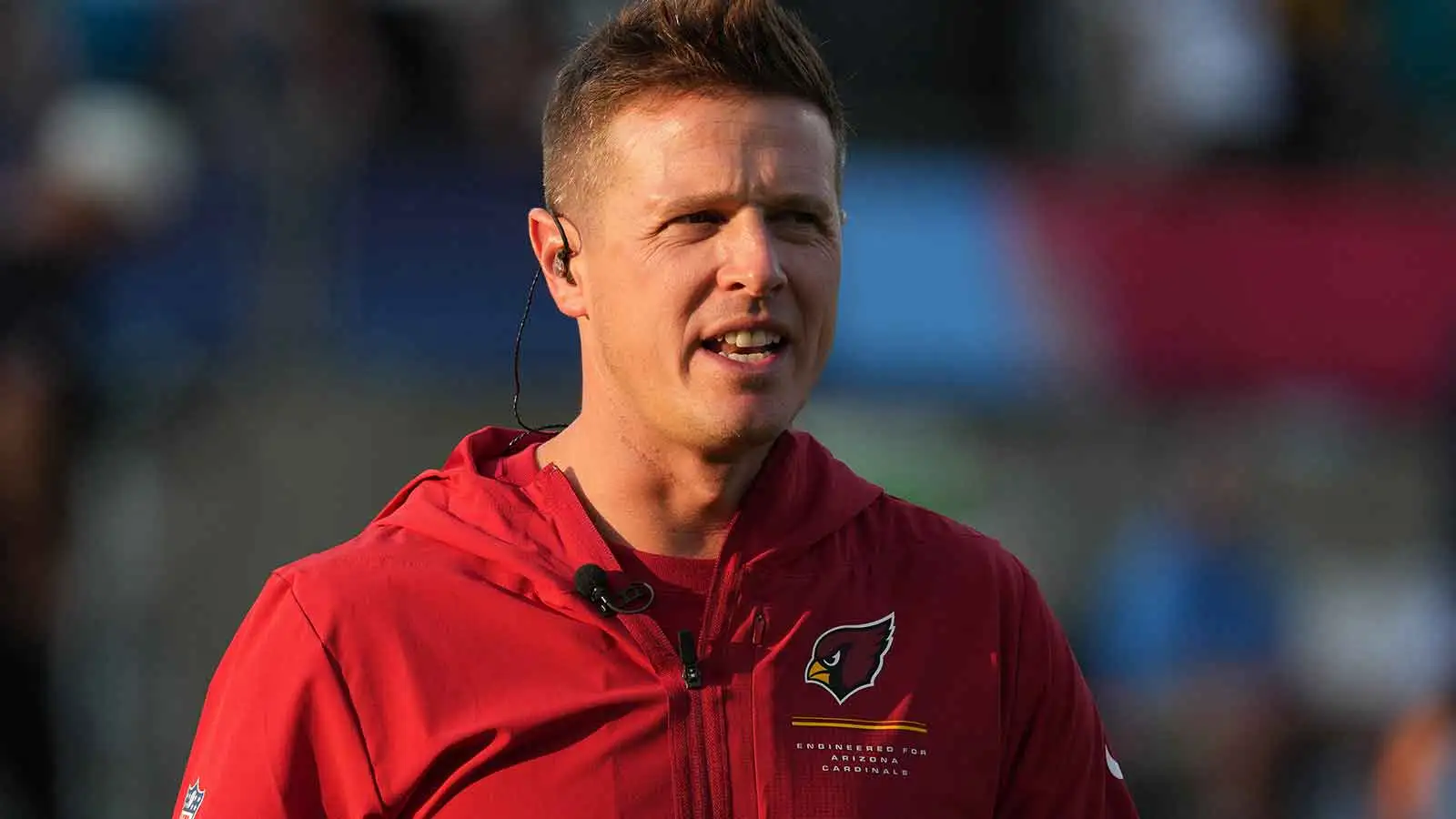 Aug 6, 2026; Canton, Ohio, USA; Arizona Cardinals head coach Mike LaFleur reacts prior to the game against the Carolina Panthers at Tom Benson Hall of Fame Stad…