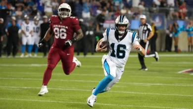Aug 6, 2026; Canton, Ohio, USA; Carolina Panthers quarterback Haynes King (16) carries the ball against the Arizona Cardinals at Tom Benson Hall of Fame Stadium…