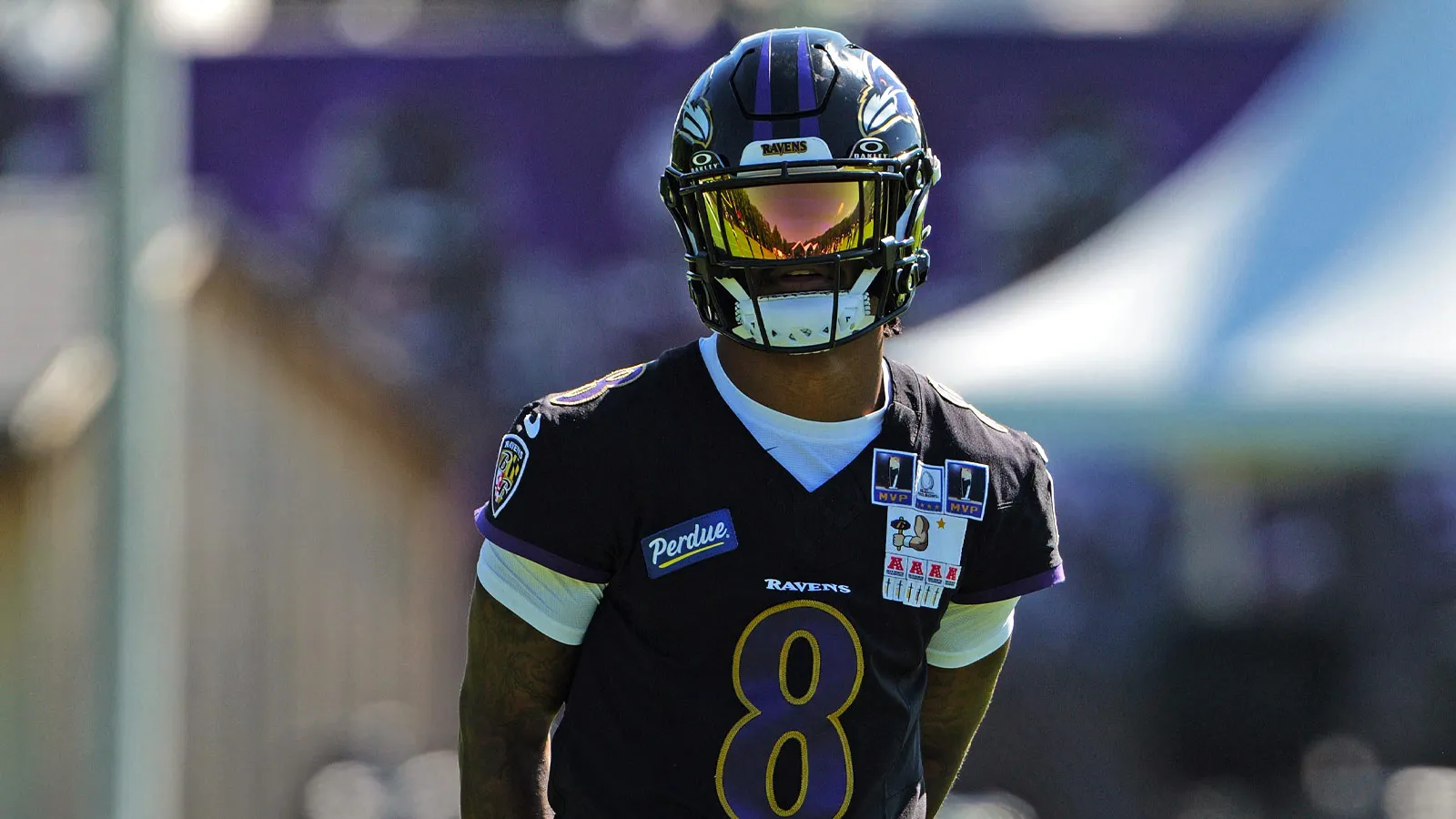Jul 30, 2026; Owings Mills, MD, USA; Baltimore Ravens quarterback Lamar Jackson (8) during practice at Under Armour Peformance Center. Mandatory Credit: Mitch S…