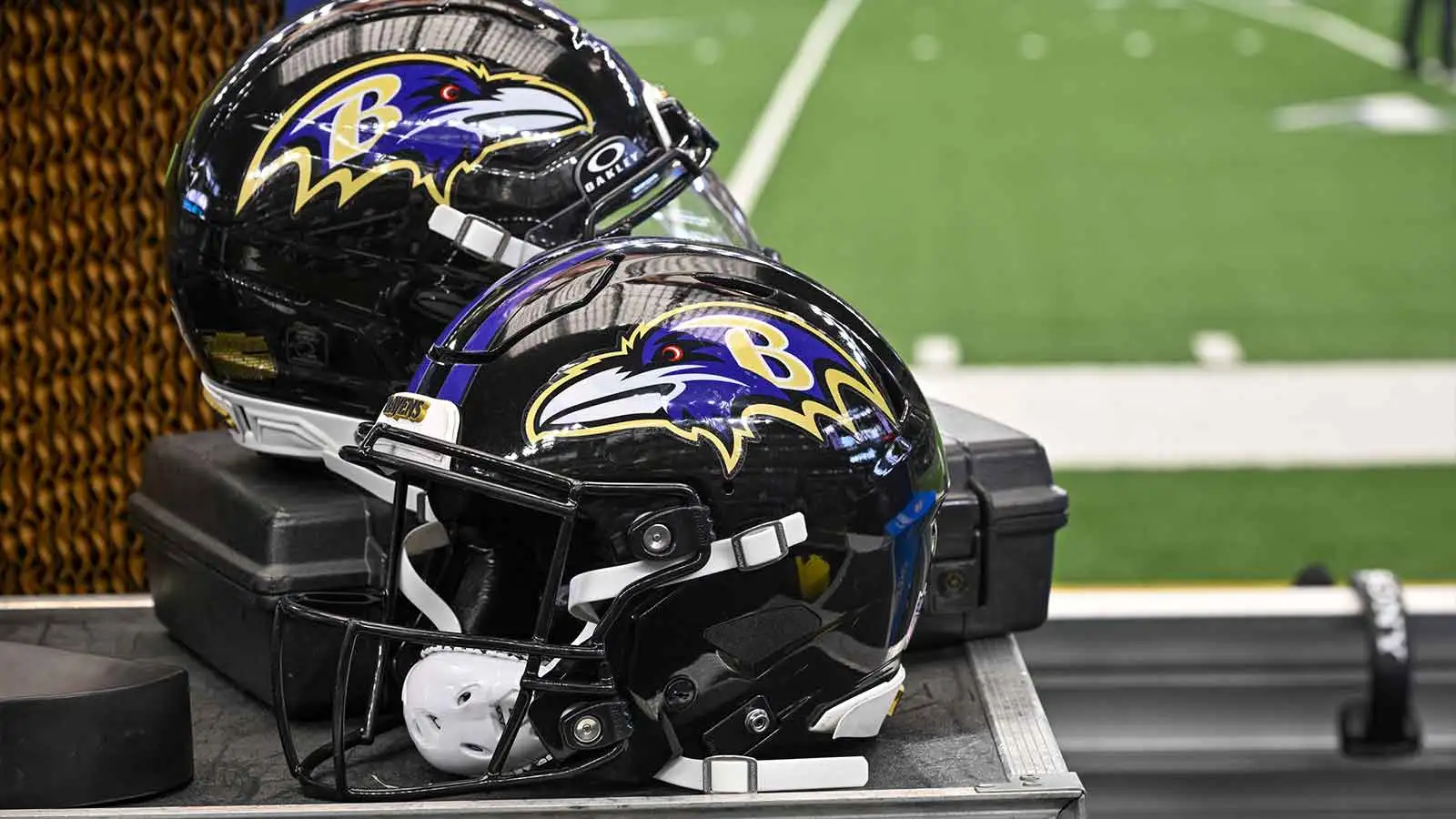 Aug 16, 2025; Arlington, Texas, USA; A view of the Baltimore Ravens logo and helmets before the game between the Dallas Cowboys and the Baltimore Ravens at AT&T…
