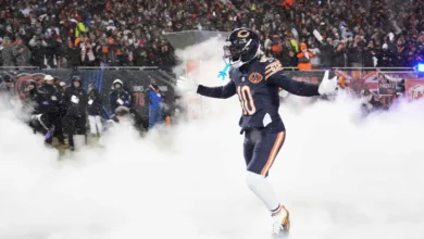 Jan 18, 2026; Chicago, IL, USA; Chicago Bears wide receiver Luther Burden III (10) runs onto the field during player introductions before an NFC Divisional Roun…