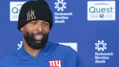 Jun 3, 2026; East Rutherford, NJ, USA; New York Giants wide receiver Odell Beckham Jr. (3) talks with media after organized team activities at Quest Diagnostics…
