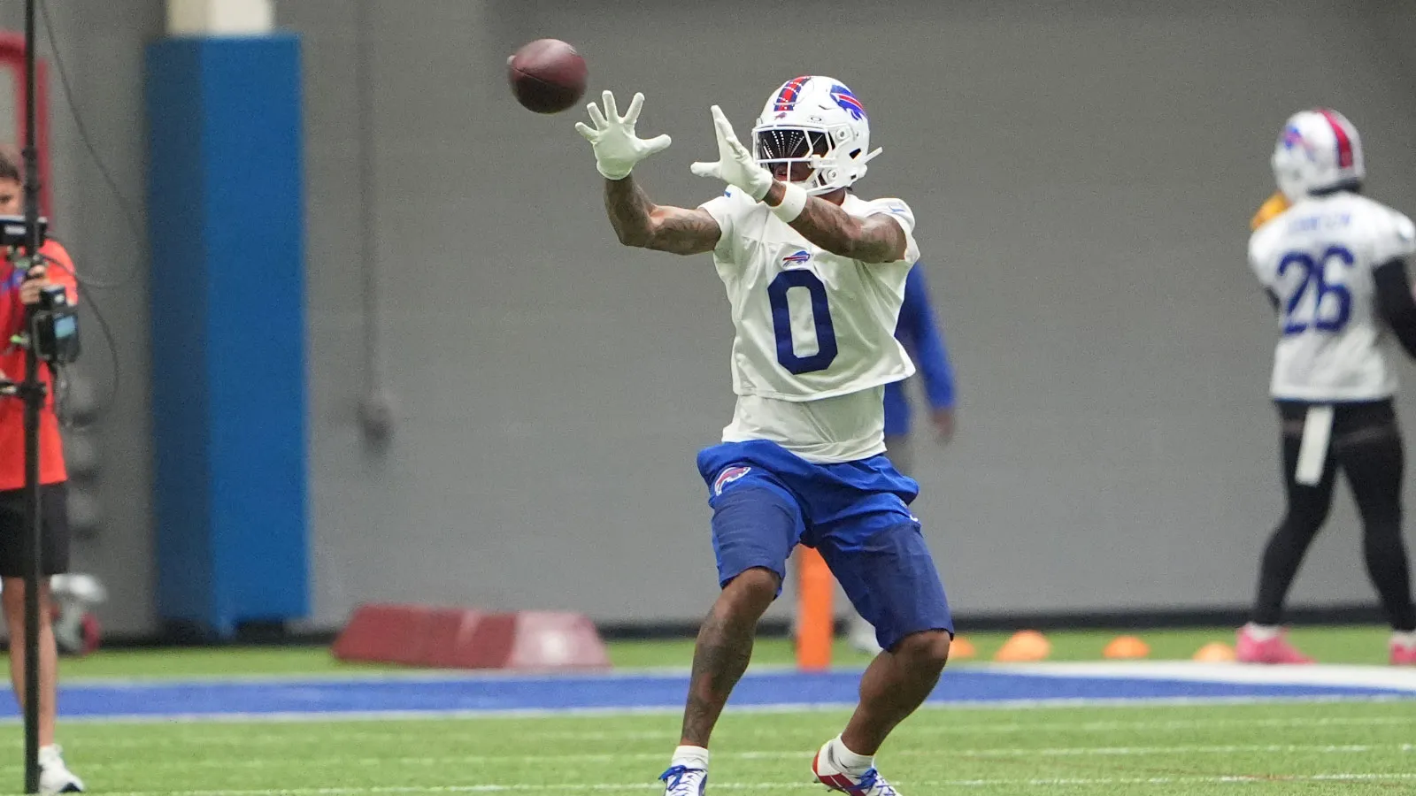 Jun 9, 2026; Orchard Park, NY, USA; Buffalo Bills wide receiver Keon Coleman (0) makes a catch during Buffalo Bills Minicamp. Mandatory Credit: Gregory Fisher-I…