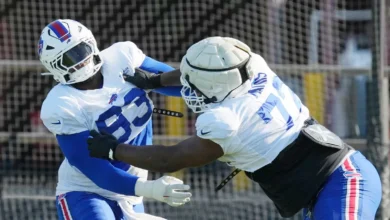 Bills defensive linemen Zion Logue and Phidarian Mathis battle during position drills during day five of Buffalo Bills training camp at St. John Fisher Universi…