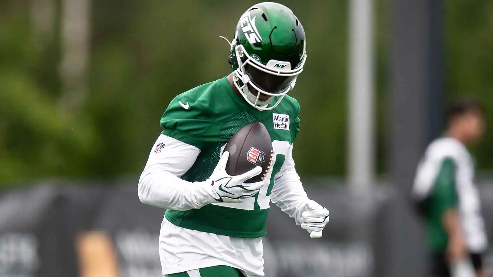 Jul 30, 2026; Florham Park, NJ, USA; New York Jets running back Breece Hall (20) participates in a drill during training camp at Atlantic Health Jets Training C…