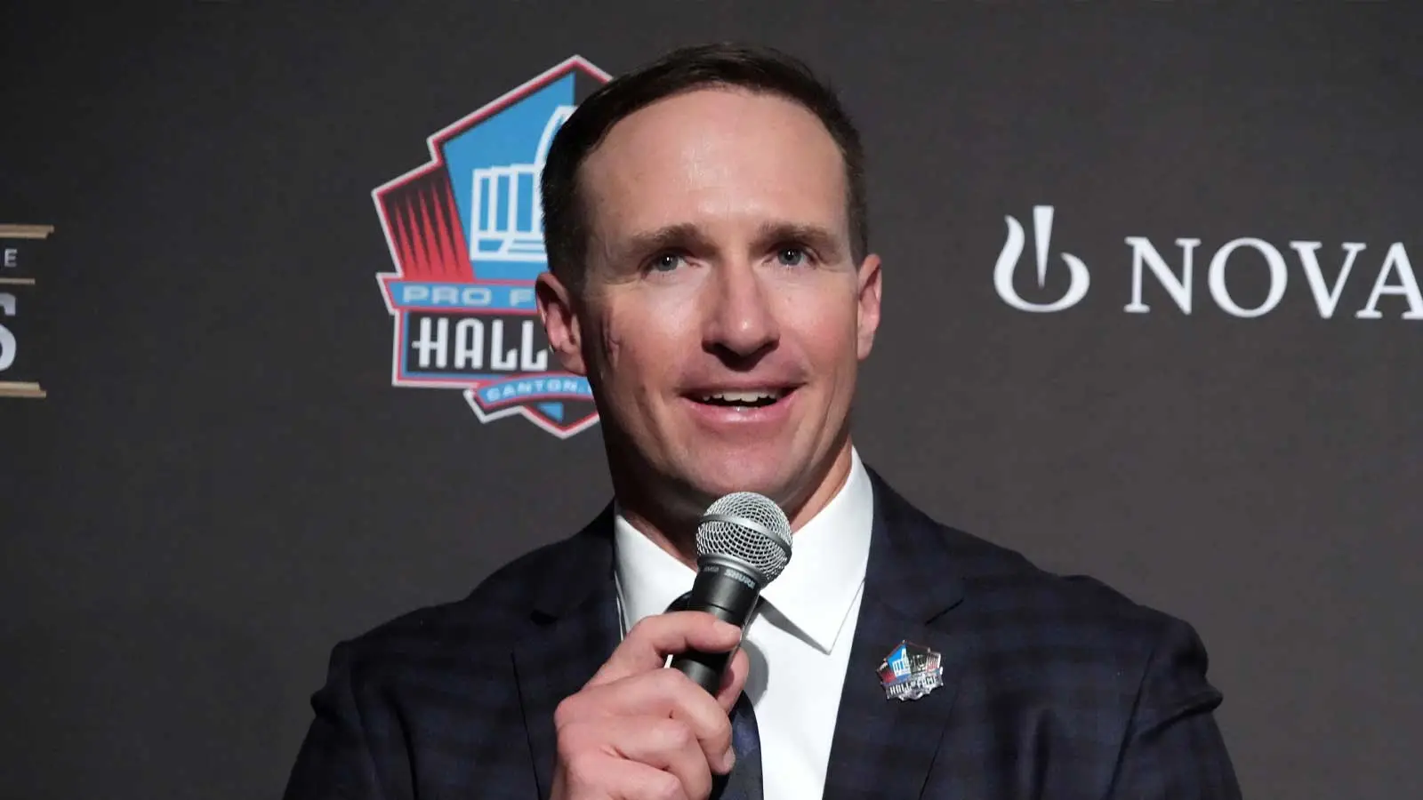 Feb 5, 2026; San Franciso, CA, USA; Drew Brees during a press conference introducing the NFL Hall of Fame Class of 2026 at Palace of Fine Arts. Mandatory Credit…