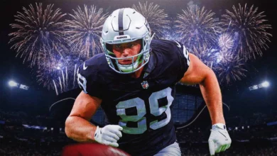 Las Vegas Raiders tight end Brock Bowers (89) reacts after catching a touchdown against the Denver Broncos during the first half at Allegiant Stadium