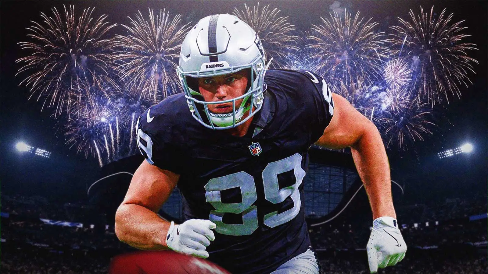 Las Vegas Raiders tight end Brock Bowers (89) reacts after catching a touchdown against the Denver Broncos during the first half at Allegiant Stadium