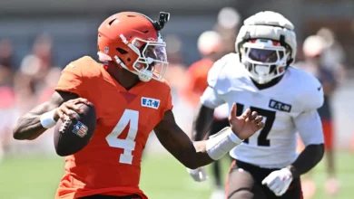 Aug 4, 2026; Berea, OH, USA; Cleveland Browns linebacker Justin Jefferson (17) chases quarterback Deshaun Watson (4) during training camp at CrossCountry Mortga…