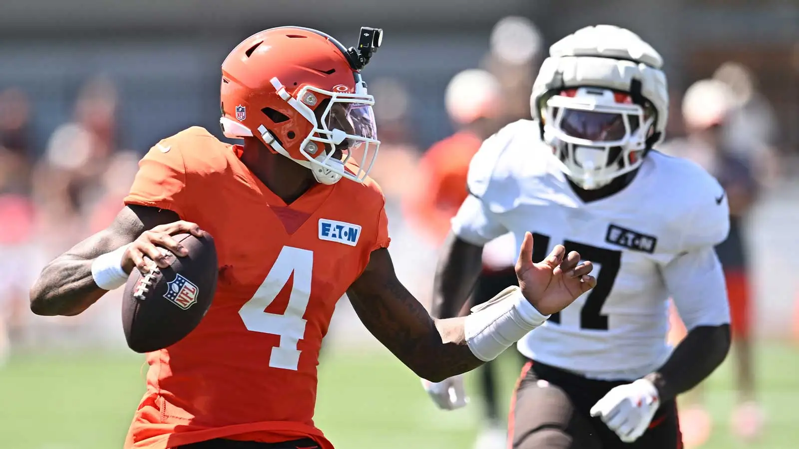 Aug 4, 2026; Berea, OH, USA; Cleveland Browns linebacker Justin Jefferson (17) chases quarterback Deshaun Watson (4) during training camp at CrossCountry Mortga…