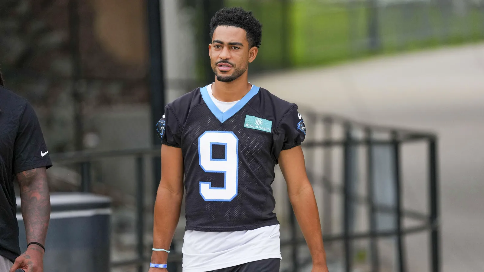 Aug 4, 2026; Charlotte, NC, USA; Carolina Panthers quarterback Bryce Young (9) on the way to the practice field at Bank of America Stadium. Mandatory Credit: Ji…