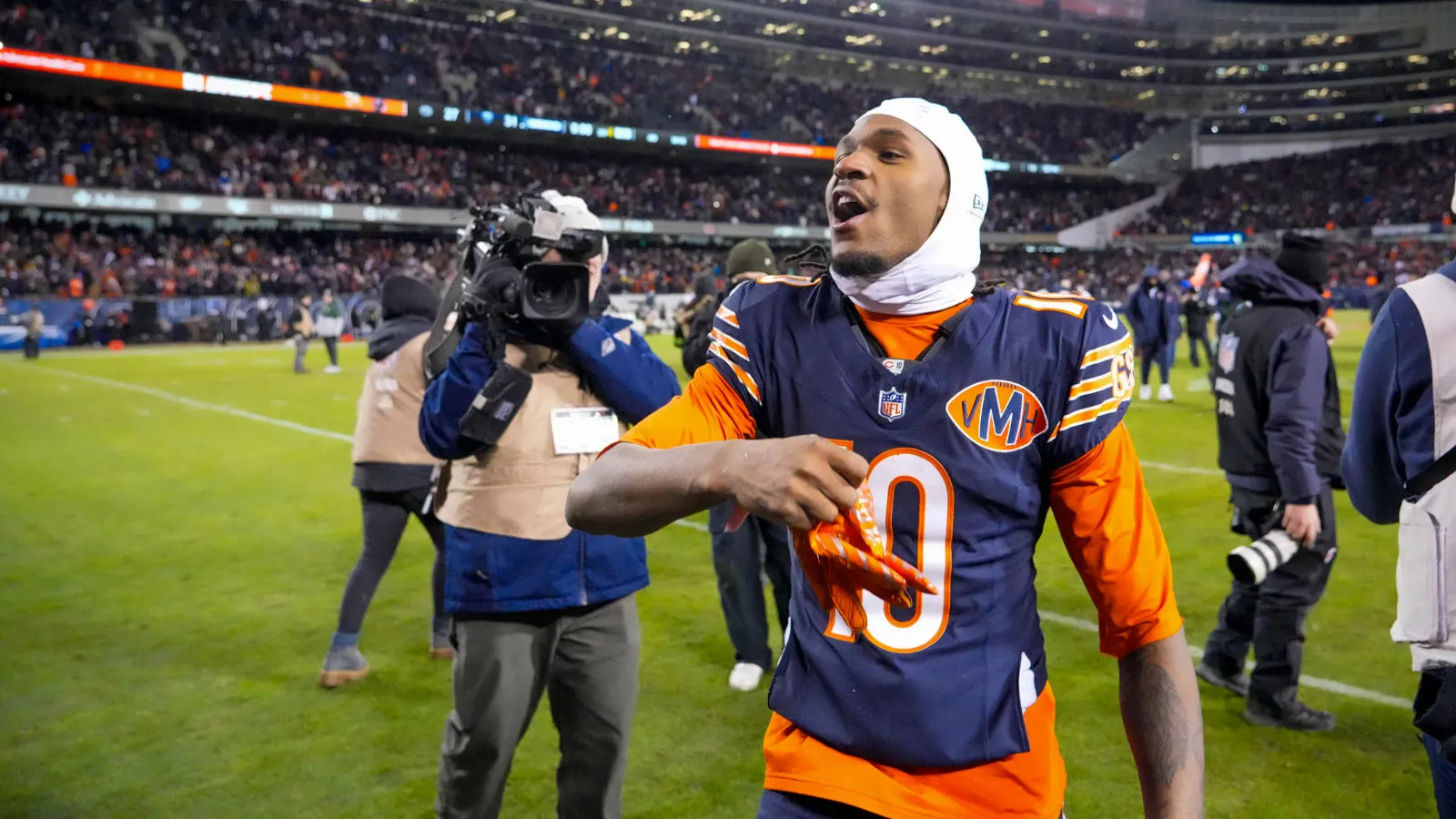 Jan 10, 2026; Chicago, IL, USA; Chicago Bears wide receiver Luther Burden III (10) leaves the field following a game against the Green Bay Packers in an NFC Wil…