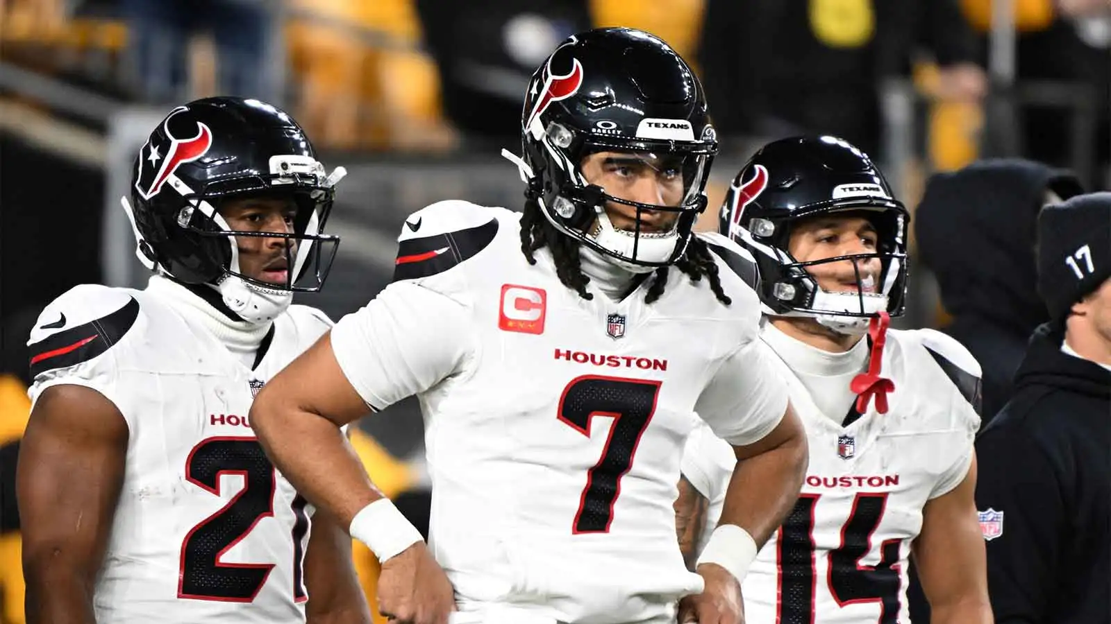 Jan 12, 2026; Pittsburgh, PA, USA; Houston Texans quarterback C.J. Stroud (7) warms up before an AFC Wild Card Round game against the Pittsburgh Steelers at Acr…