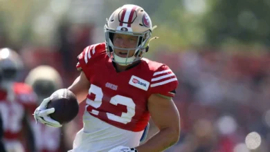 Aug 6, 2026; Santa Clara, CA, USA; San Francisco 49ers running back Christian McCaffrey (23) during training camp at SAP Performance Facility. Mandatory Credit:…