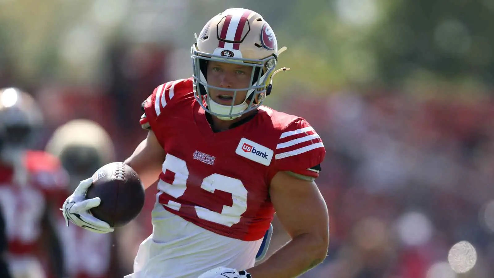 Aug 6, 2026; Santa Clara, CA, USA; San Francisco 49ers running back Christian McCaffrey (23) during training camp at SAP Performance Facility. Mandatory Credit:…