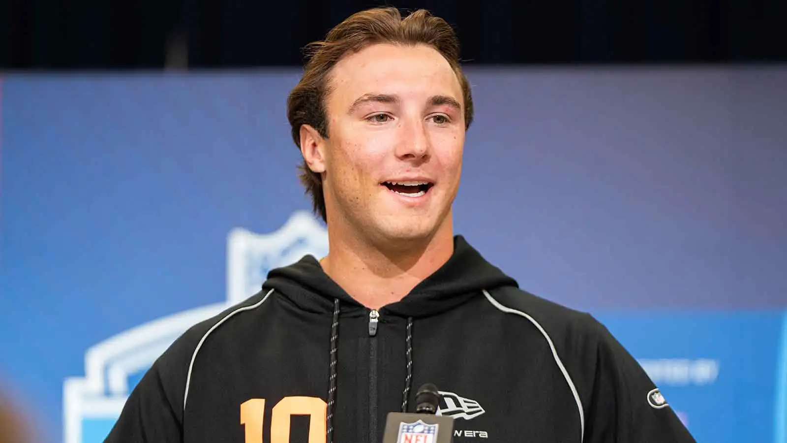 Feb 27, 2026; Indianapolis, IN, USA; Clemson quarterback Cade Klubnik (QB10) speaks to members of the media during the NFL Combine at the Indiana Convention Cen…