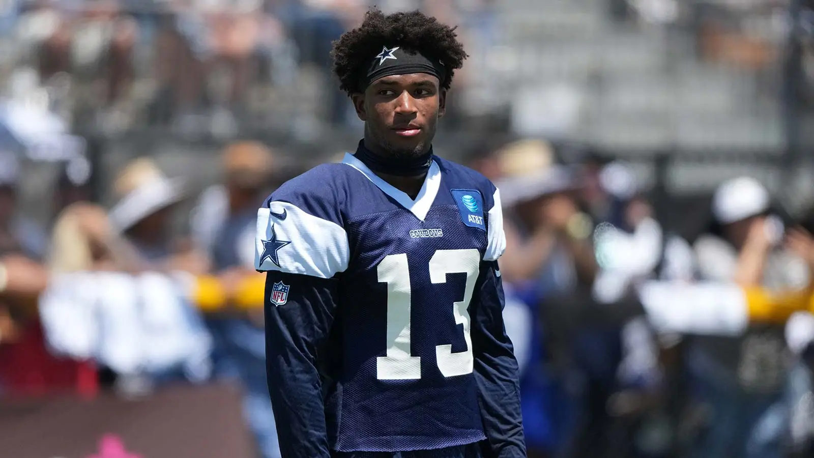 Aug 1, 2026; Oxnard, CA, USA; Dallas Cowboys defensive back Caleb Downs (13) at training camp at River Ridge Playing Fields. Mandatory Credit: Kirby Lee-Imagn I…