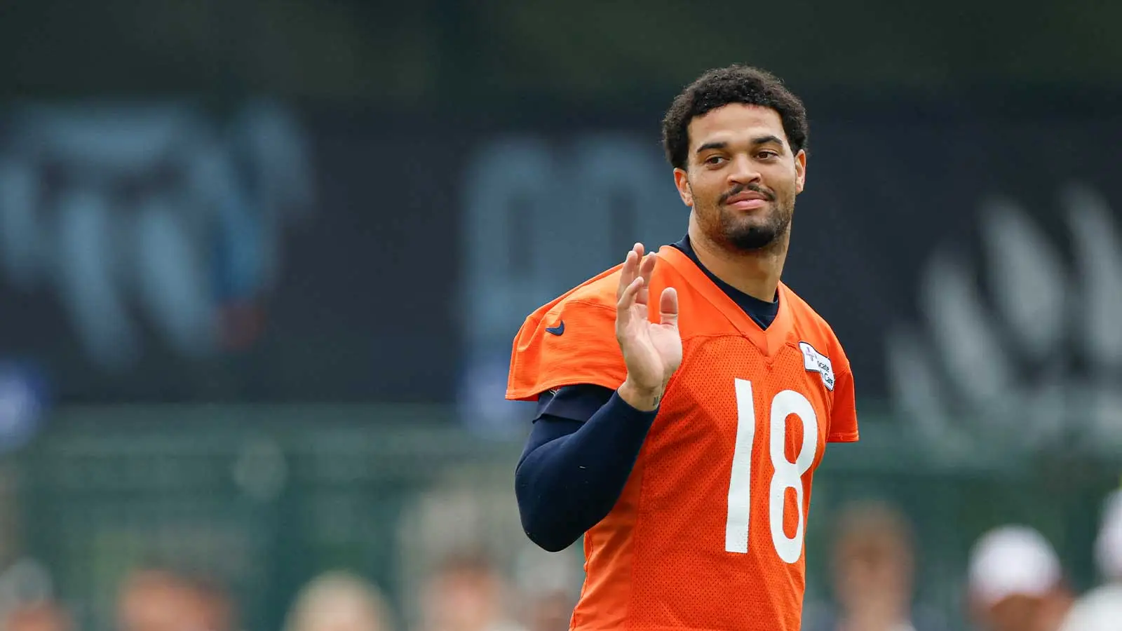 Aug 5, 2026; Lake Forest, IL, USA; Chicago Bears quarterback Caleb Williams (18) stands on the field during training camp at Halas Hall. Mandatory Credit: Kamil…