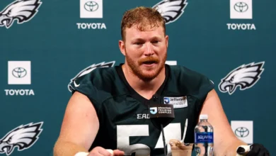 Jun 10, 2026; Philadelphia, PA, USA; Philadelphia Eagles center Cam Jurgens (51) speaks with the media at minicamp at Jefferson Health Training Complex. Mandato…