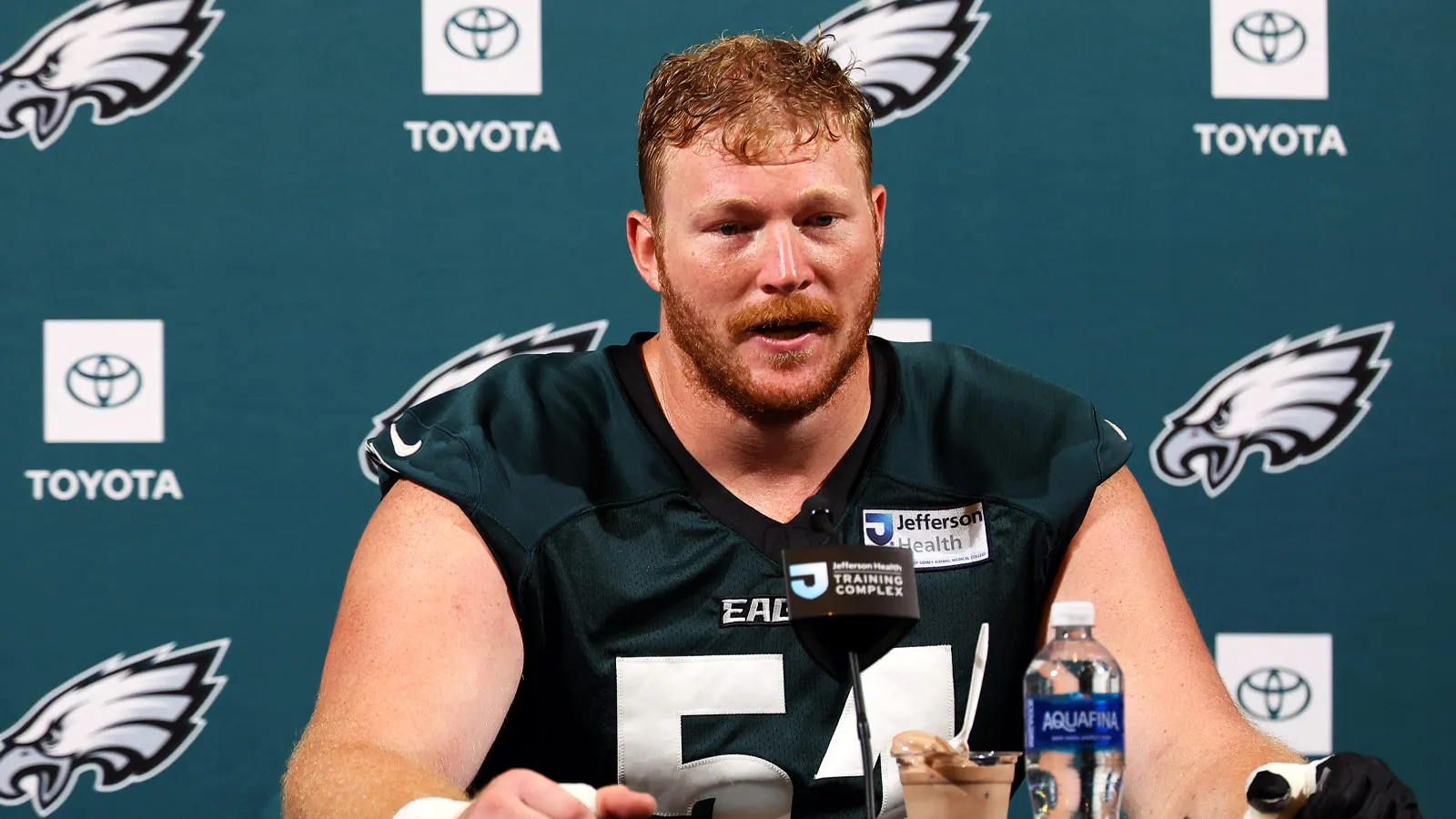 Jun 10, 2026; Philadelphia, PA, USA; Philadelphia Eagles center Cam Jurgens (51) speaks with the media at minicamp at Jefferson Health Training Complex. Mandato…