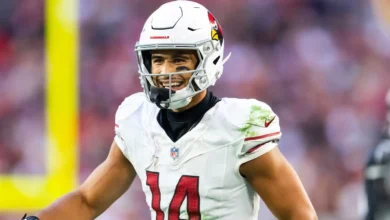 Dec 21, 2025; Glendale, Arizona, USA; Arizona Cardinals wide receiver Michael Wilson (14) against the Atlanta Falcons at State Farm Stadium. Mandatory Credit: M…