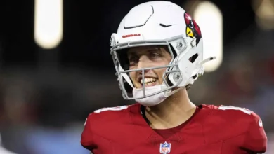 Aug 6, 2026; Canton, Ohio, USA; Arizona Cardinals quarterback Carson Beck (19) reacts during the game against the Carolina Panthers at Tom Benson Hall of Fame S…