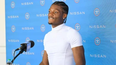 Jun 16, 2026; Nashville, TN, USA; Tennessee Titans wider receiver Carnell Tate (14) talks with the media post practice during day 1 of mini-camp at Vanderbilt H…