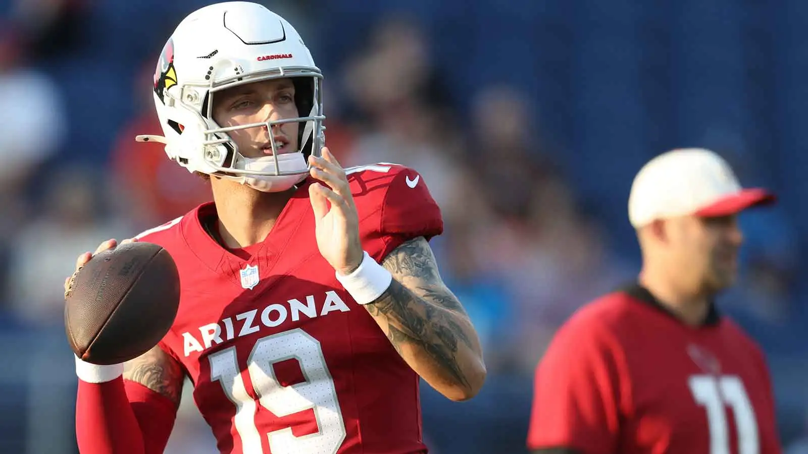 Aug 6, 2026; Canton, Ohio, USA; Arizona Cardinals quarterback Carson Beck (19) warms up before playing the the Carolina Panthers at Tom Benson Hall of Fame Stad…