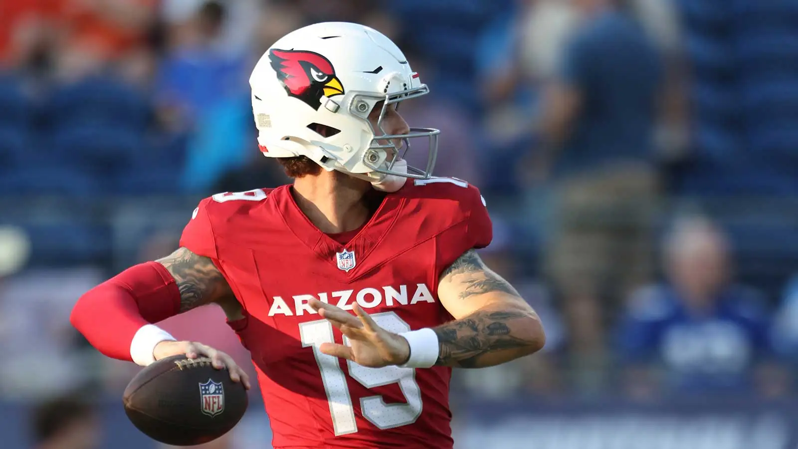 Arizona Cardinals quarterback Carson Beck (19) warms up before playing the the Carolina Panthers at Tom Benson Hall of Fame Stadium. Mandatory Credit: Charles L…