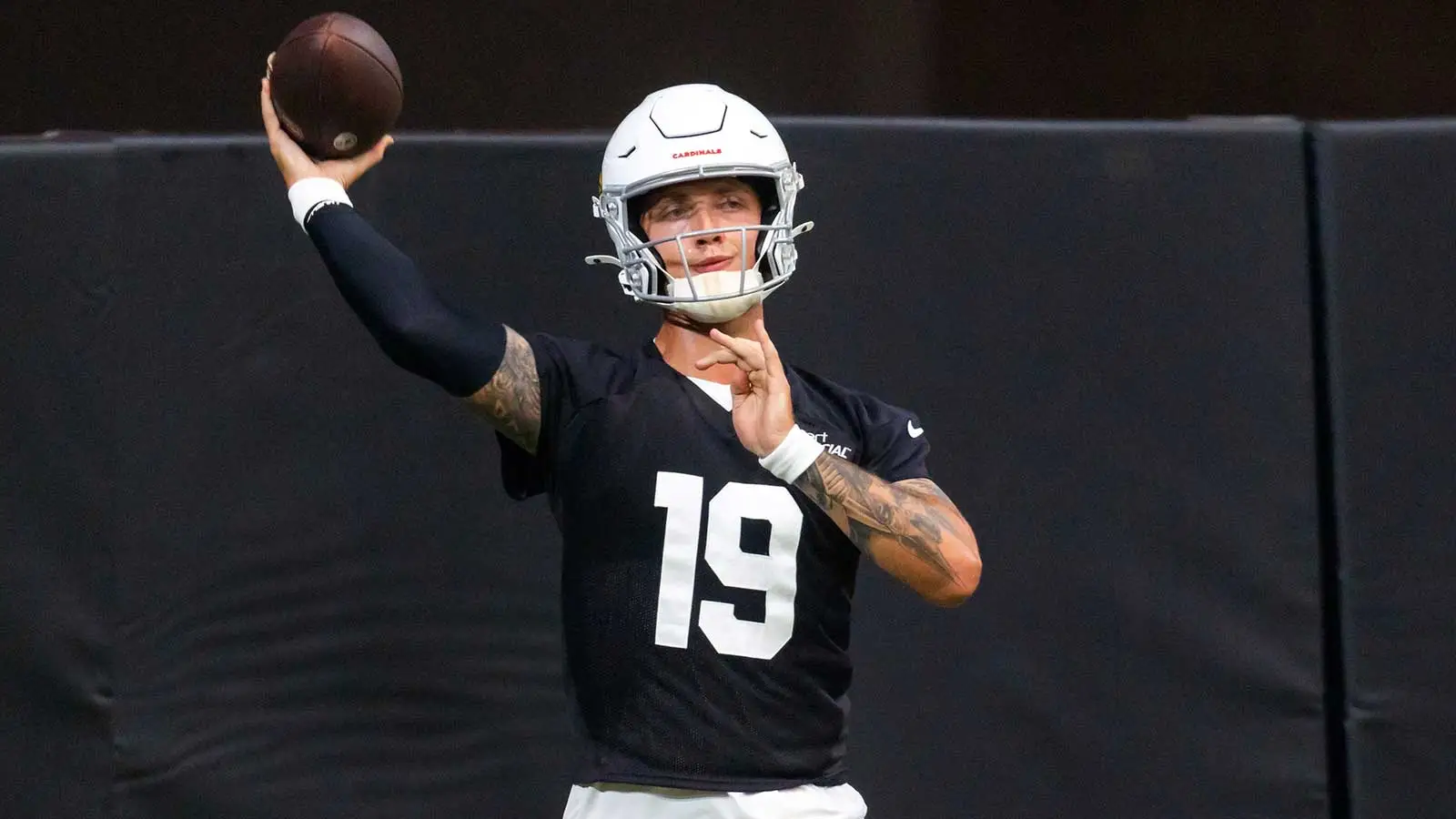 Jul 23, 2026; Glendale, AZ, USA; Arizona Cardinals quarterback Carson Beck (19) during training camp at State Farm Stadium. Mandatory Credit: Mark J. Rebilas-Im…