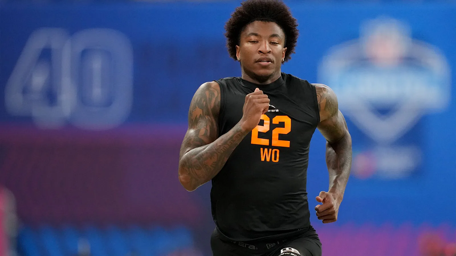 Feb 28, 2026; Indianapolis, IN, USA; LSU wideout Chris Hilton (WO22) during the NFL Scouting Combine at Lucas Oil Stadium. Mandatory Credit: Kirby Lee-Imagn Ima…